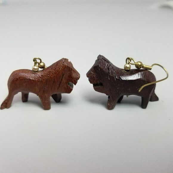 Vintage Carved Wood Animal Lion Big Cat Dangle Earrings, Estate - Picture 6 of 7
